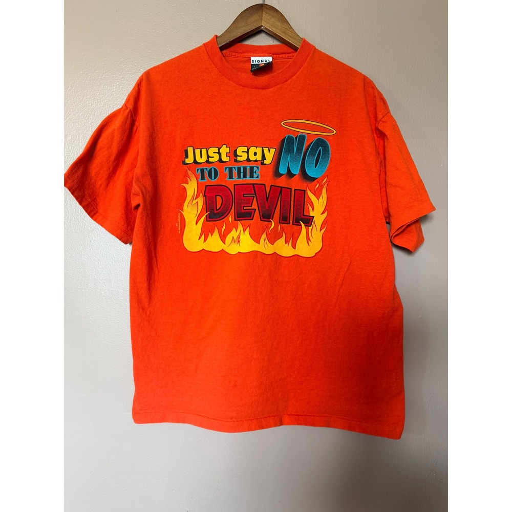 Vintage Signal Sports Mens L Orange Just Say No To The Devil Graphic T Shirt